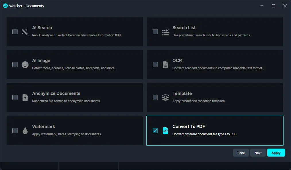 watcher-convert-pdf | CaseGuard Watcher Documents UI: grid of tools (AI Search, AI Image, OCR, Convert To PDF) with Convert To PDF selected and Apply highlighted near bottom-right.