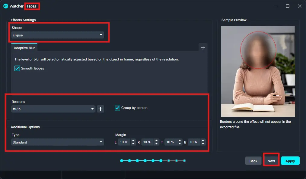 Screenshot of a software settings dialog for face blurring: Faces tab open, Shape set to Ellipse, Preview shows a person with a red circle around the face; options for reasons, group by person, and margins visible; Next button emphasized.