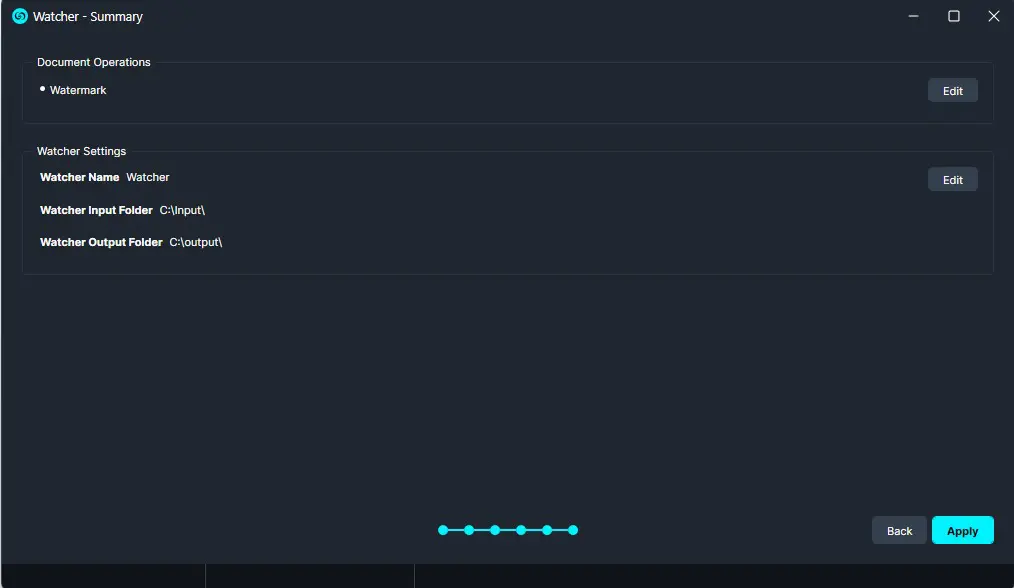 Watcher app settings page showing Document Operations and Watcher folders (Input: C:Input, Output: C:Output) and Apply button.
