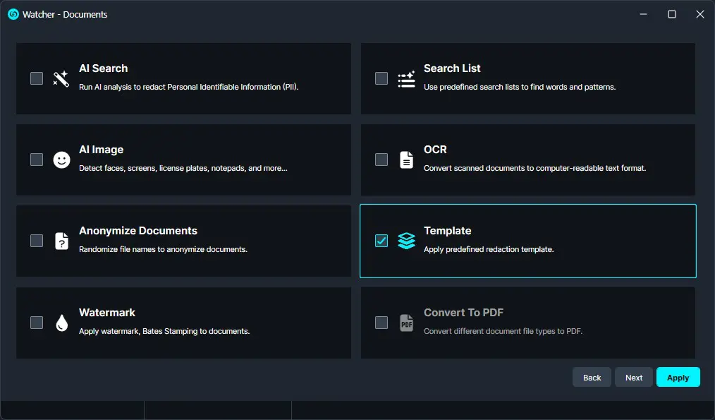watcher-template | CaseGuard Dark-themed software dashboard with tiles for AI features (AI Search, AI Image, Anonymize Documents, Watermark, OCR, Template) and navigation buttons (Back, Next, Apply). Template tile is selected with a blue border and checkmark.