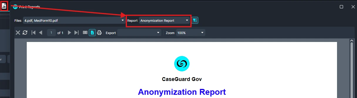 Anonymization Report | CaseGuard Screenshot of a PDF viewer toolbar showing a 'Report' dropdown with 'Anonymization Report' selected, and the document area below.