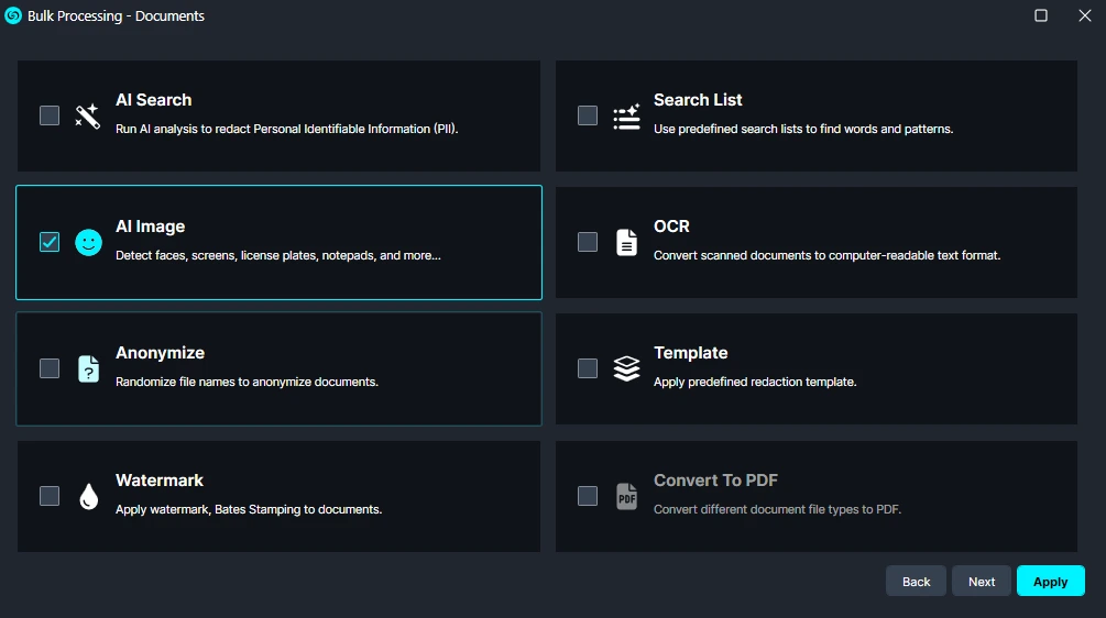 Bulk-AI-Image | CaseGuard Bulk Processing UI with All Image selected to detect faces, screens, license plates, and notes in documents.