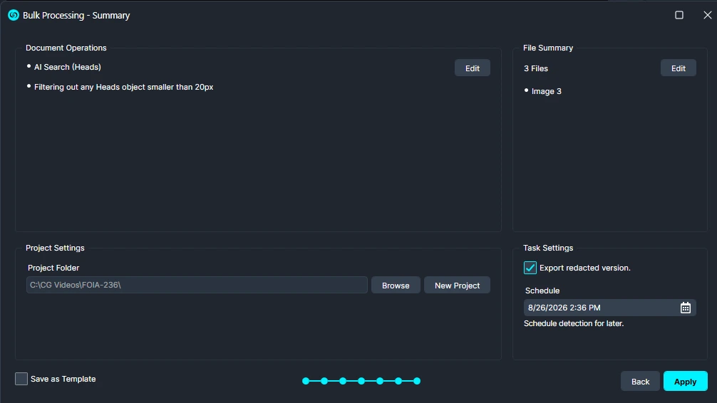 Bulk-Ai-Image-Summary | CaseGuard Bulk Processing – Summary dialog showing document operations, file summary, project and task settings, Save as Template option, and Back/Apply buttons.