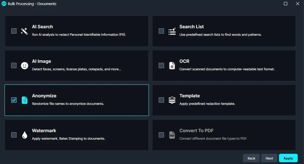 Bulk-Anonymize | CaseGuard Bulk Processing dashboard for documents with tools like AI Search, Search List, AI Image, OCR, Anonymize (enabled), Template, Watermark, and Convert to PDF