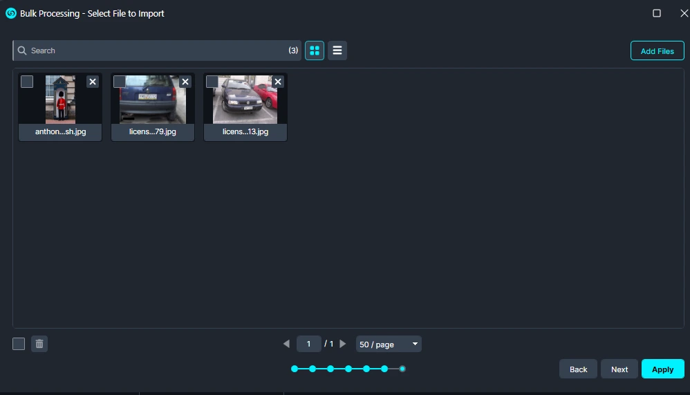 Bulk-Import-Images | CaseGuard Bulk processing: three image thumbnails shown in the import panel with checkboxes to select/deselect files.