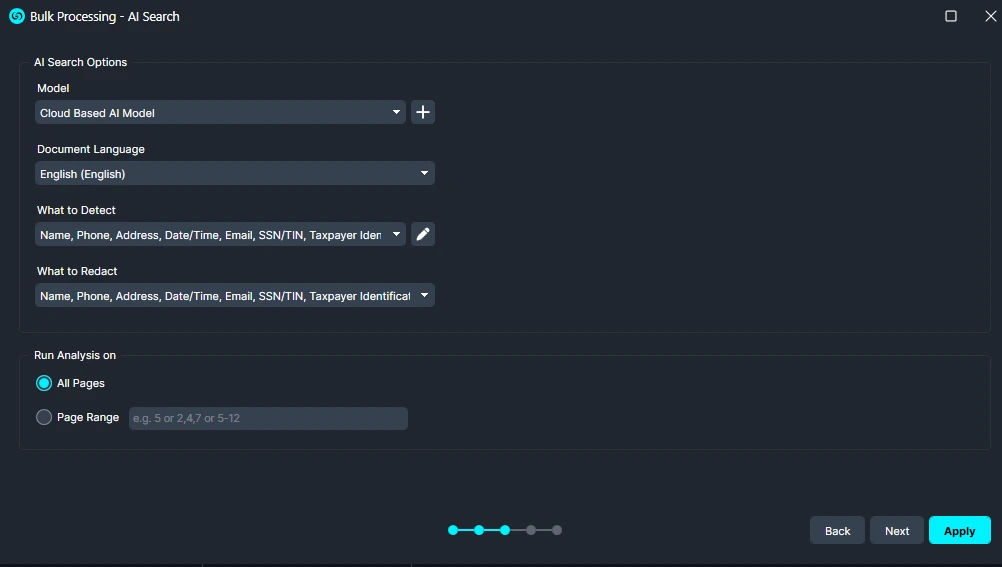 Bulk-Search-Options | CaseGuard UI screenshot of Bulk Processing AI Search options: model, language, what to detect and redact, on All Pages with navigation buttons.