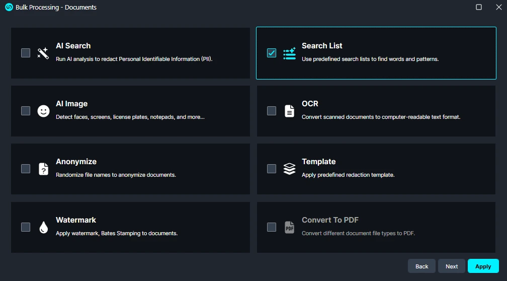 Bulk-Search-list | CaseGuard AI Search: Run AI analysis to redact Personal Identifiable Information (PII). (informational button)