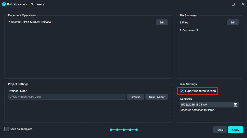 Bulk-Summary | CaseGuard Bulk Processing - Summary UI showing document operations, file summary, project settings, and task settings with 'Export redacted version' enabled.