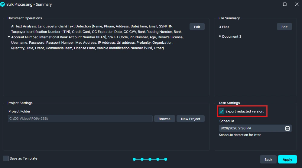 Bulk-Summary-AI-Search | CaseGuard Bulk Processing - Summary screen showing document operations, file summary, project settings, and a highlighted checked option 'Export redacted version' in Task Settings.