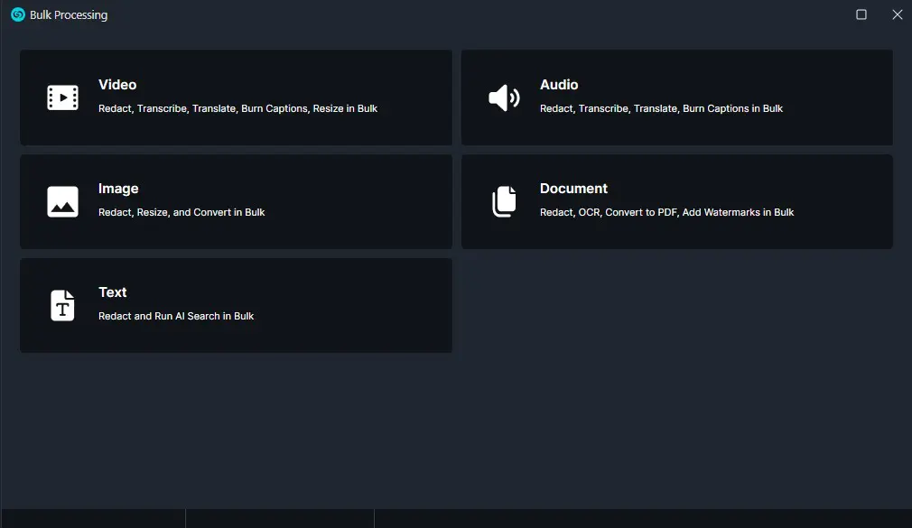 ai-search-window | CaseGuard Bulk Processing main menu with six tile options: Video, Audio, Image, Document, and Text (each with icons and descriptions).