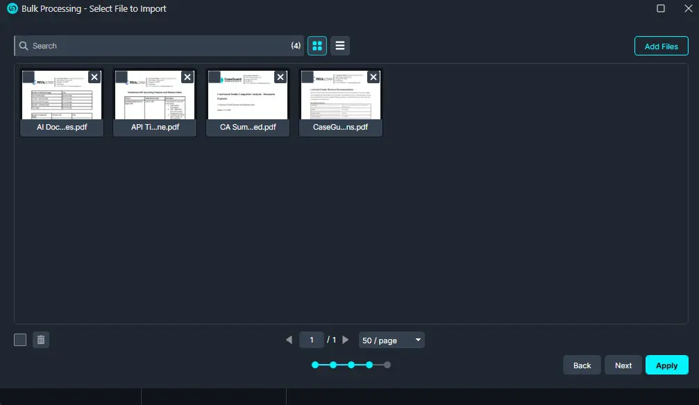 bulk-import | CaseGuard Bulk Processing window showing four PDF files ready to import (thumbnails of documents)