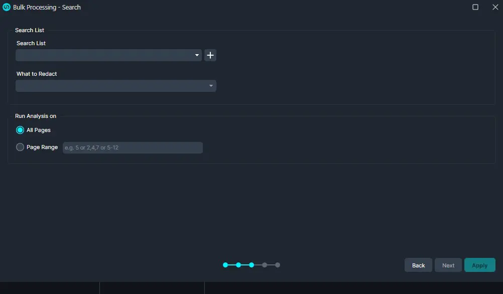 bulk-search-page | CaseGuard Bulk Processing UI: options for Search List and What to Redact with dropdowns and a + button, on a dark theme screen.
