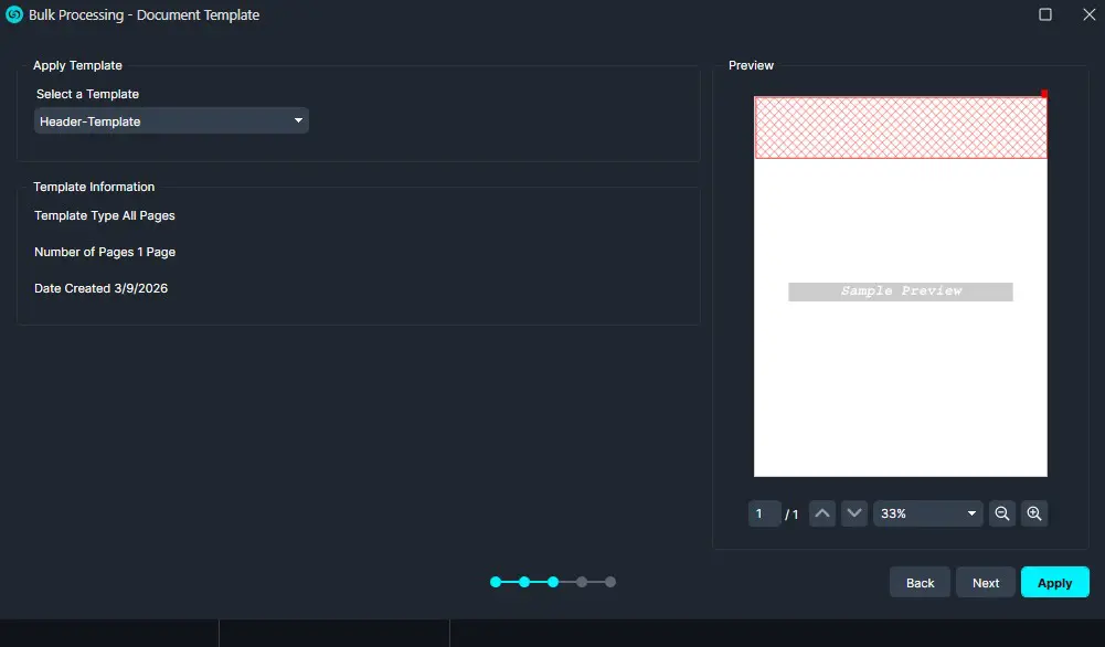 bulk-temp | CaseGuard Bulk Processing — Apply Template dialog with Header-Template selected; shows template info and a right-side preview with a red hatched header.