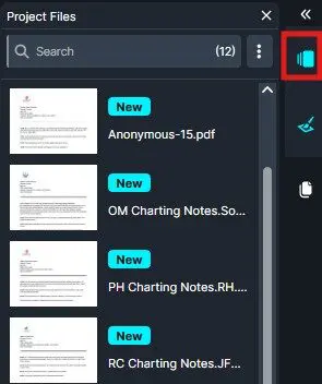 Dark UI panel labeled 'Project Files' with a search bar and a scrollable list of PDFs, each badge 'New' beside the filenames (e.g., Anonymous-15.pdf, OM Charting Notes...), and a vertical toolbar on the right with a blue icon highlighted.
