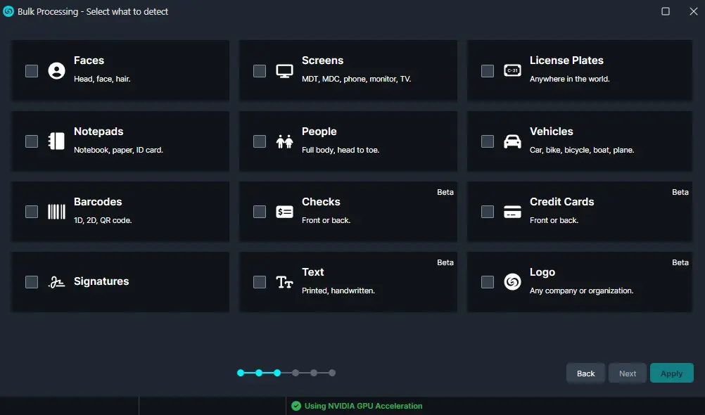 what-to-detect | CaseGuard Bulk Processing: grid of detectible categories (Faces, Screens, License Plates, Notepads, People, Vehicles, Barcodes, Checks, Credit Cards, Signatures, Text, Logo) with icons and brief descriptions; navigation controls (Back, Next, Apply) shown below.