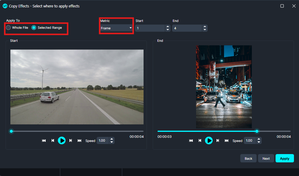 UI for applying video effects: Start shows a highway scene, End shows a busy city street; options for Whole File or Selected Range, Frame metric with Start 1 and End 4, playback controls and Apply button.