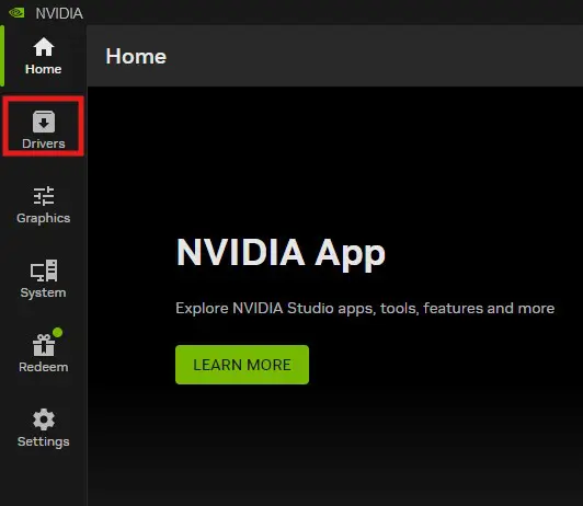 Drivers-tab | CaseGuard NVIDIA app interface with left sidebar; Drivers menu highlighted as selected.