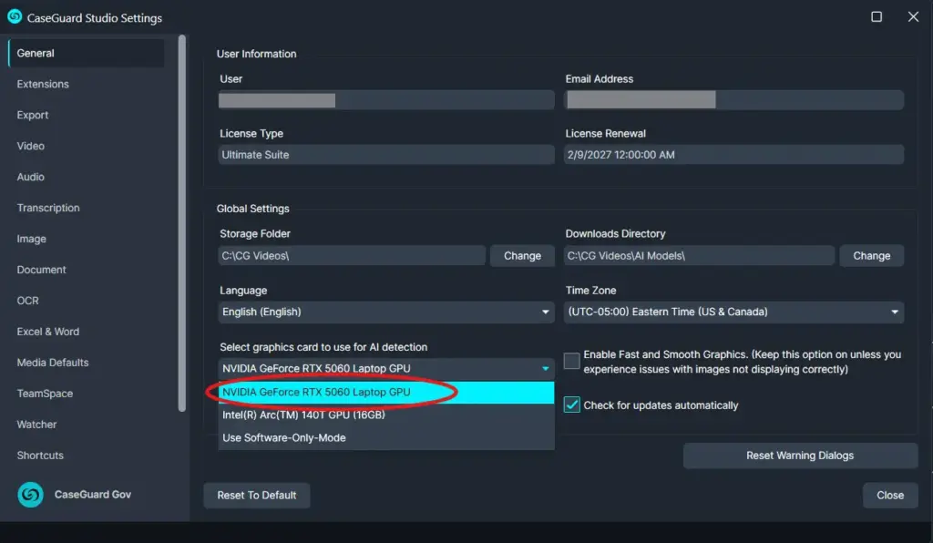 CaseGuard Studio Settings window with left navigation; Global Settings area showing Storage Folder, Downloads Directory, Language, Time Zone, and a dropdown menu for 'Select graphics card to use for AI detection' with 'NVIDIA GeForce RTX 5060 Laptop GPU' highlighted.