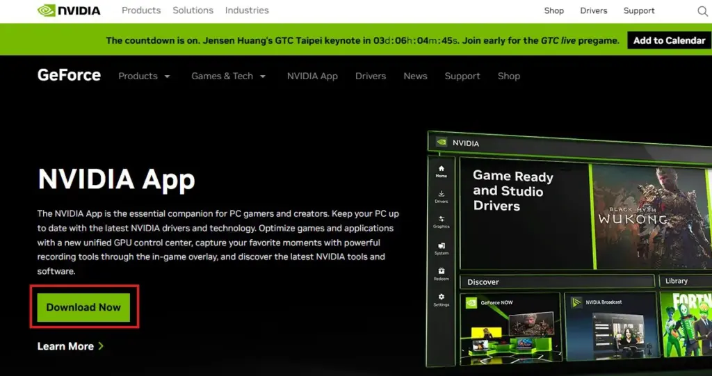 NVIDIA-Download | CaseGuard NVIDIA App hero: black background with left-aligned description and a bright green 'Download Now' button.