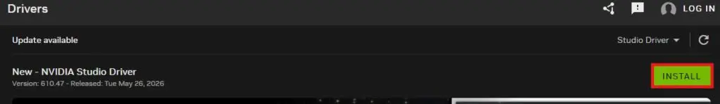 NVIDIA-Update | CaseGuard NVIDIA Studio Driver download page with an Install button highlighted in green."Install" button visible on right side.