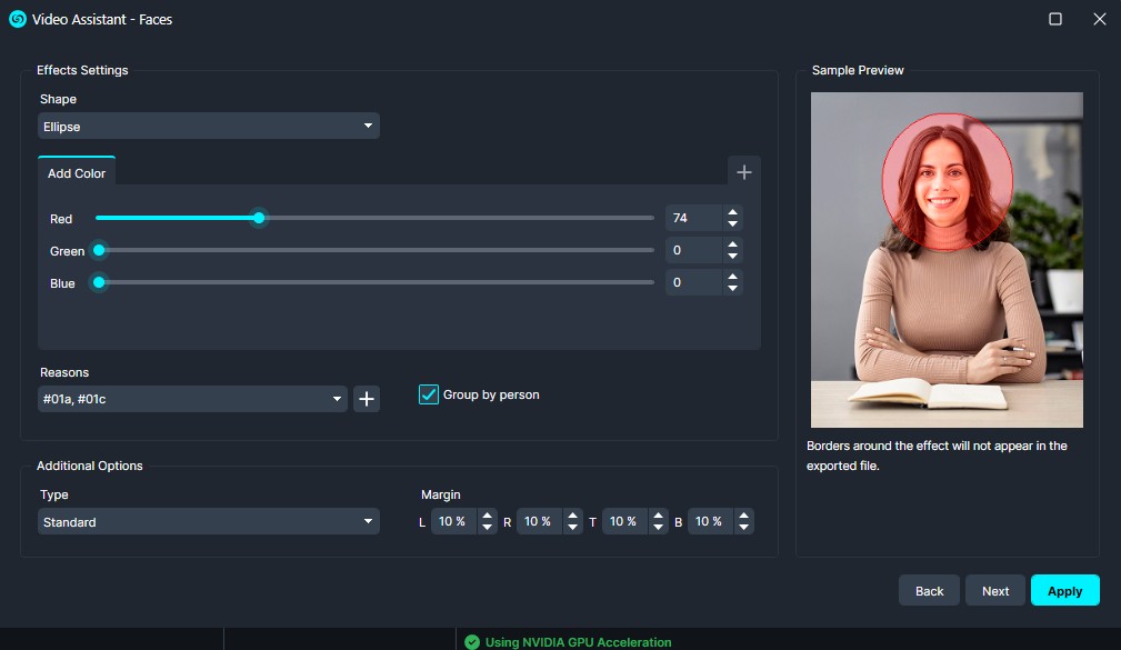 Screenshot of Video Assistant – Faces settings: ellipse shape with red-tinted color controls and a sample preview highlighting a person’s face with a red ellipse.