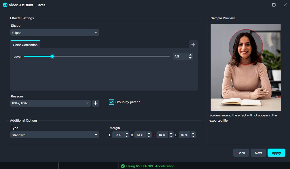 Screenshot of Video Assistant - Faces settings: ellipse shape, color correction level 1.9, sample preview shows a woman with her face circled in red, plus options for reasons and margins.