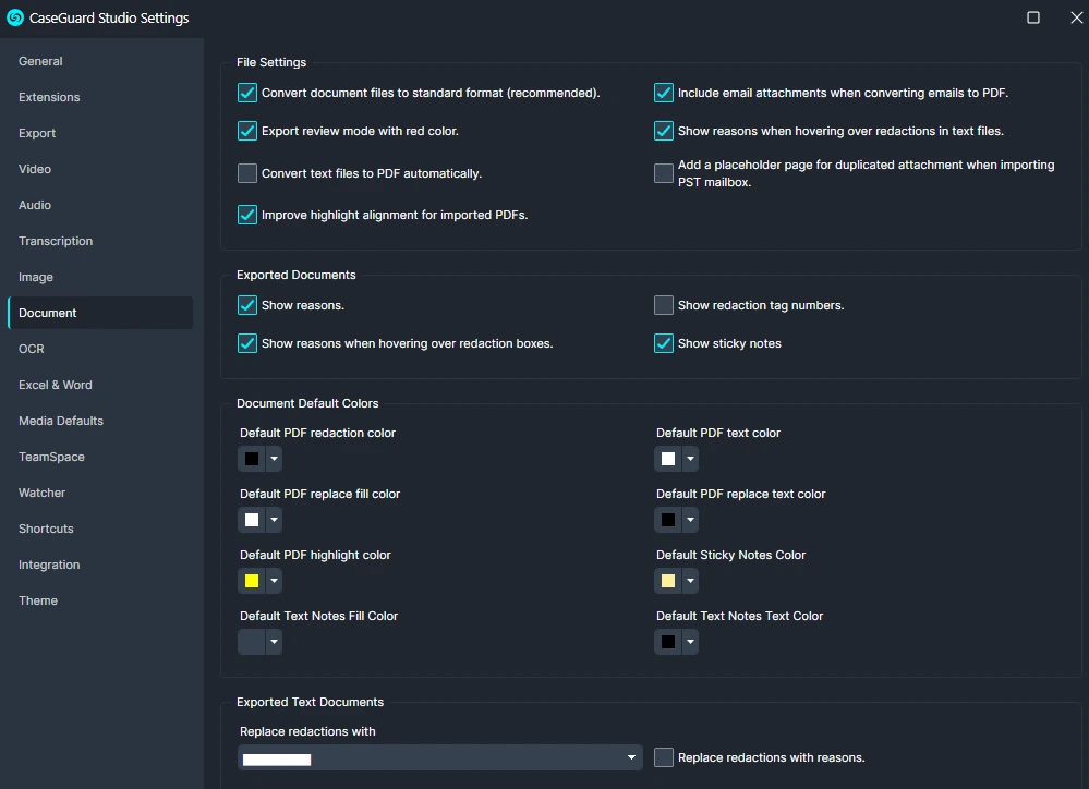 Document-Settings 1 | CaseGuard CaseGuard Studio Settings: File Settings panel with checked options for converting documents, exporting redactions, including email attachments, and hover reasons visible for text files.