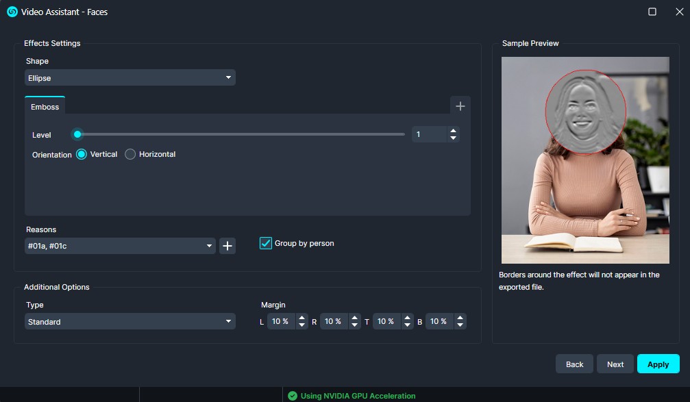 Interface for video face effects: ellipse emboss on a person's face with a circular red outline in the sample preview, controls for shape, level, orientation, reasons, and margins visible.
