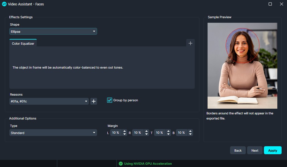 Video Assistant – Faces settings panel with ellipse shape, color equalizer, group-by-person, and a preview showing a circled face.
