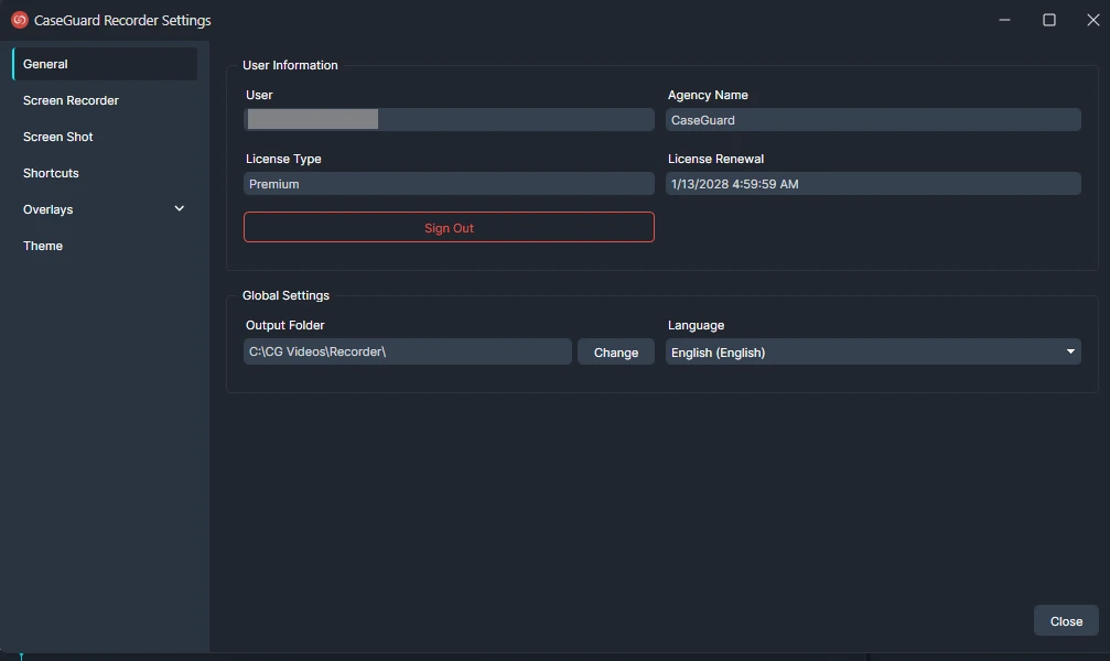 CaseGuard Recorder Settings window showing User Info, Agency (CaseGuard), Premium license, and Output Folder with English as language option.