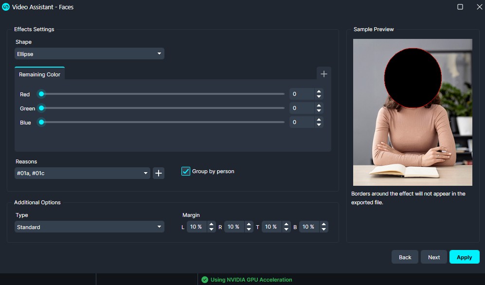 Screenshot of Video Assistant - Faces settings: ellipse mask, color sliders, reasons, and a sample preview with the subject's face covered by a black circle.