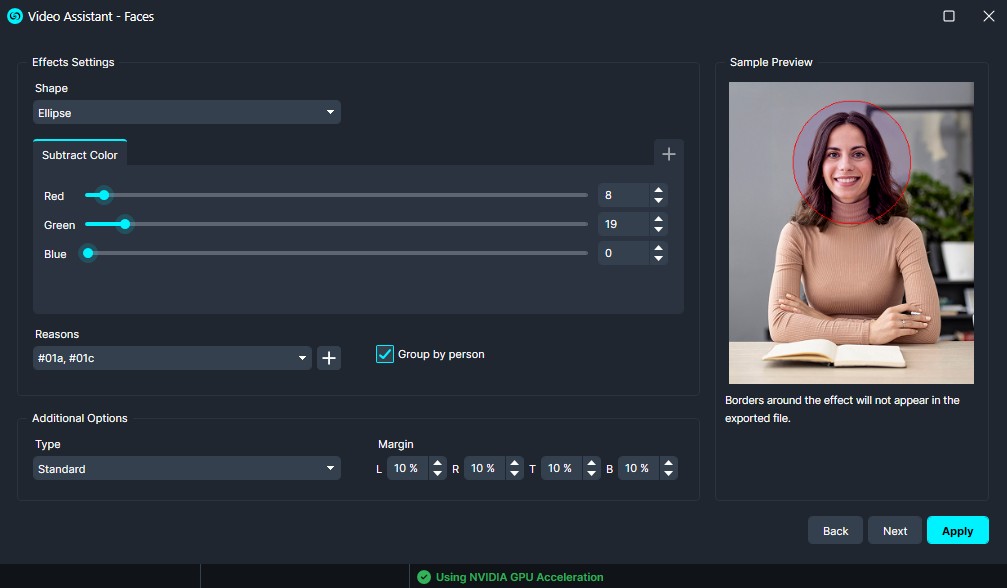Video Assistant - Faces settings panel with an ellipse shape selected, color sliders, and a live preview showing a woman's face outlined in red above a notebook scene.