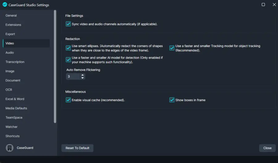 VideoSet | CaseGuard CaseGuard Studio Settings window open to Video options: sync audio/video, redaction toggles (smart ellipses, faster tracking, AI detection), auto remove flickering set to 3, and miscellaneous visuals (enable visual cache, show boxes in frame); Reset and Close buttons visible.