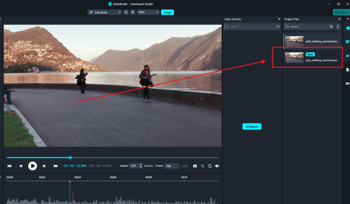 exported-snapshot | CaseGuard Video editing UI showing a lakeside mountain scene in the preview; right panel lists clips with one selected marked New.