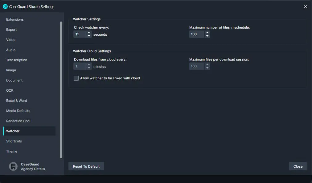 CaseGuard Studio Settings — Watcher tab with options to set check interval, schedule limits, and cloud links.