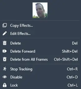 drop-down 1 | CaseGuard Context menu with options: Copy Effects, Edit Effects, Delete, Delete Forward, Delete from All Frames, Stop Tracking, Disable, Lock; user avatar above.