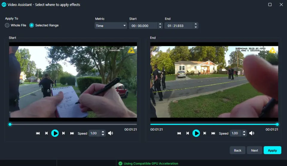 select-ranged 1 | CaseGuard Screenshot of a video editing app with two preview panels showing a police scene and a taped street, with playback controls and timelines visible.
