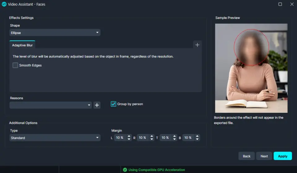 Software settings for face blurring: ellipse shape with adaptive blur and face in preview circled for privacy.