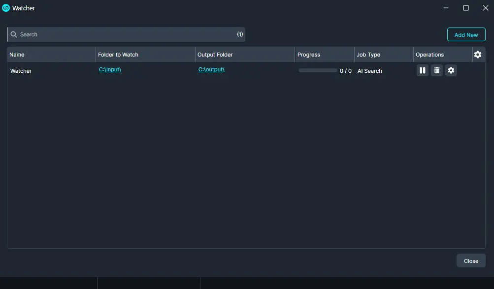 Dark Watcher app window with one job named 'Watcher'; shows input C:Input, output C:Output, a 0/0 progress bar, and AI Search as the job type.