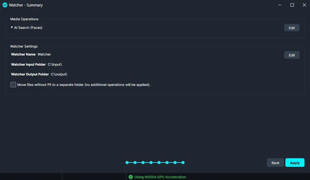 Watcher app settings screen showing AI Face search, input and output folders, and a progress indicator at the bottom.