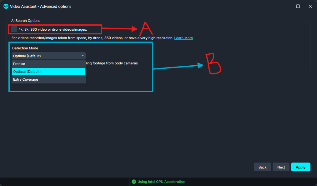 Advanced-options | CaseGuard Video Assistant Advanced options screen with a checkbox for 4k/8k/360 video or images and a Detection Mode dropdown set to Optimal (Default).