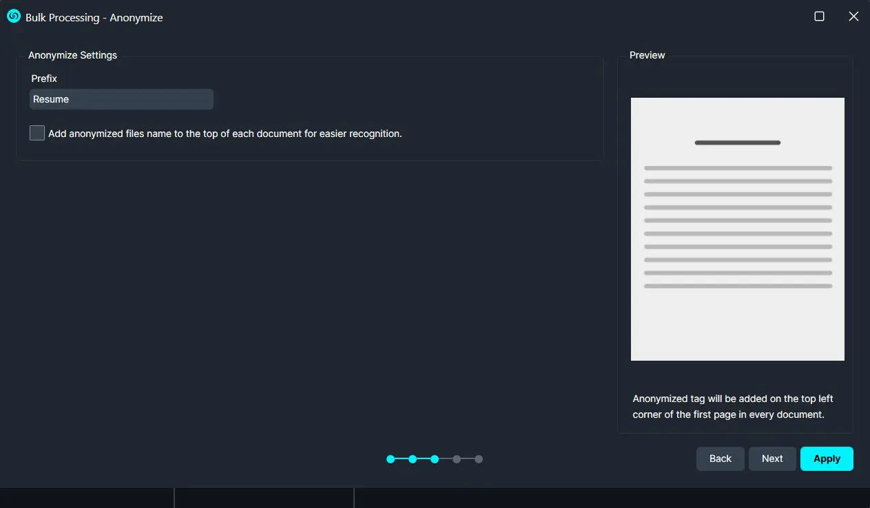 Anonymize-1 | CaseGuard Bulk Processing Anonymize settings with prefix 'Resume' and a preview panel showing a sample document
