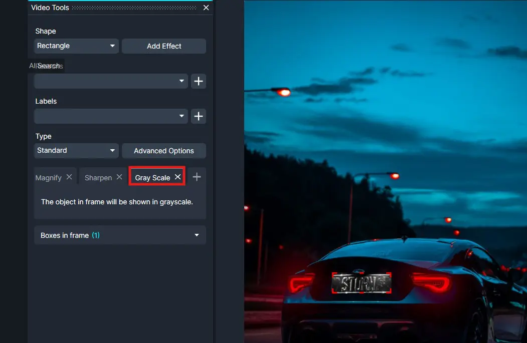 Gray-scale | CaseGuard Screenshot of video tools panel with Gray Scale selected; background shows a blue dusk photo of a sports car on the road.