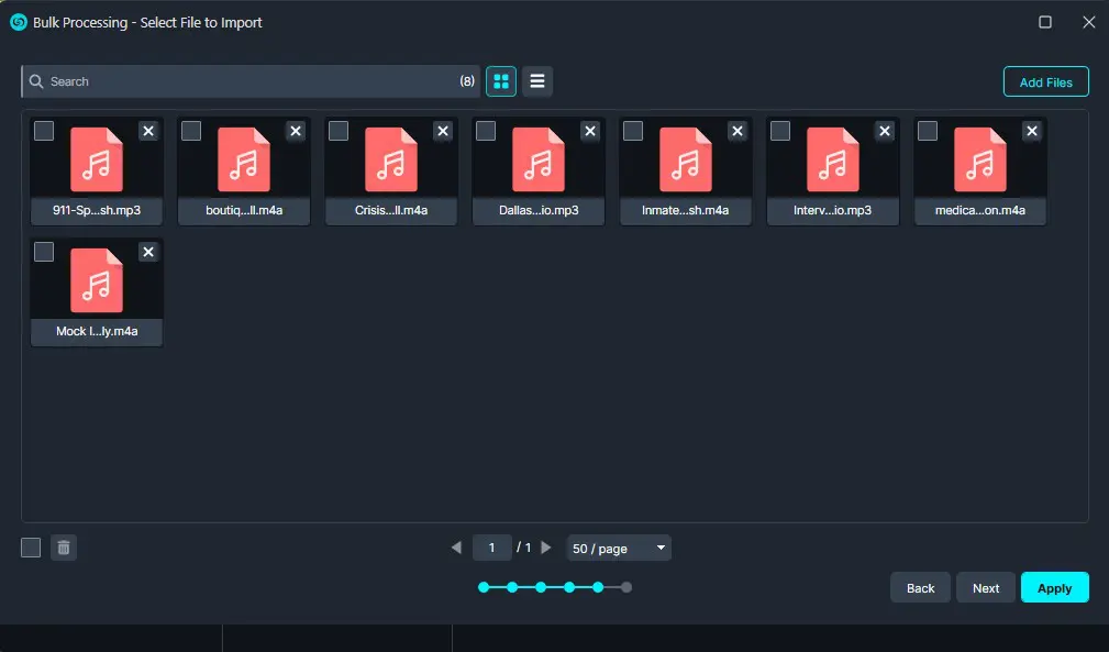 Import-portal | CaseGuard Bulk Processing import window with eight MP3 files displayed for selection