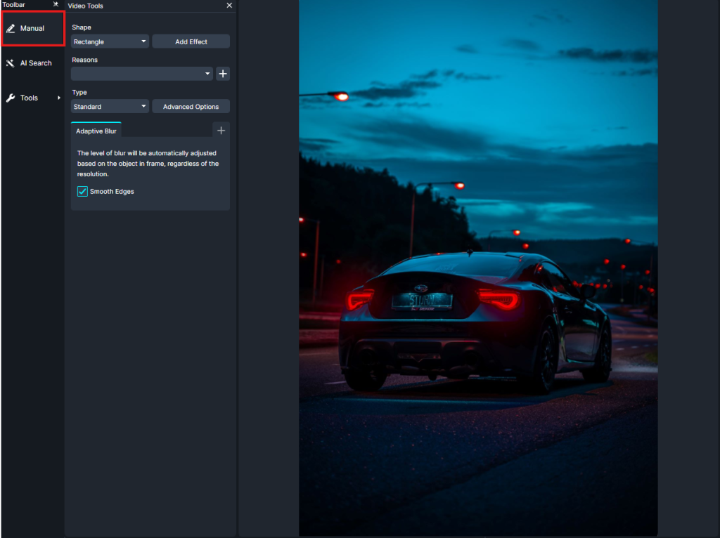 Manual-cg-1024x766 | CaseGuard Screenshot of photo editor showing Manual tool active and a blue-toned car photo on the right side.