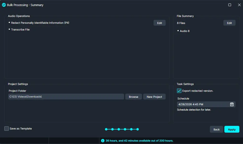 Summary 1 | CaseGuard Bulk Processing - Summary window showing Audio Operations (Redact PII and Transcribe File) with Edit buttons and a File Summary panel on the right.