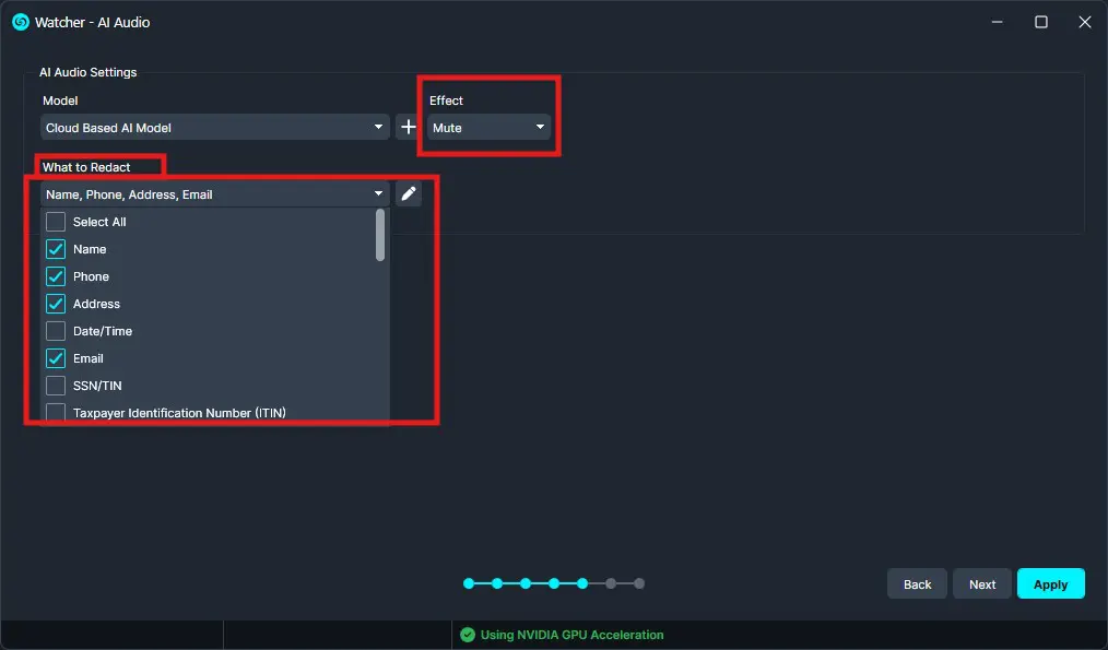 Screenshot of AI Audio Settings: model set to Cloud Based AI Model, Effect = Mute, and a 'What to Redact' list with checked items like Name, Phone, Address, Email.