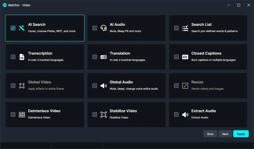 Grid of video editing tools; AI Search tile is selected in the top-left corner with a blue outline and checkmark.