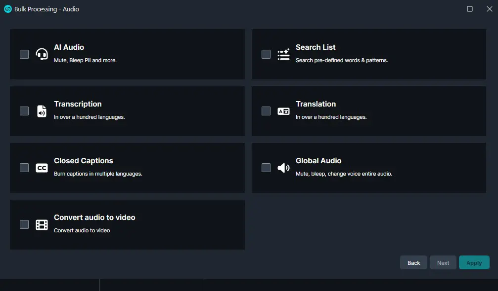 bulk-ai-audio-1 | CaseGuard Bulk Processing - Audio UI showing seven feature tiles: AI Audio, Search List, Transcription, Translation, Closed Captions, Global Audio, Convert audio to video.