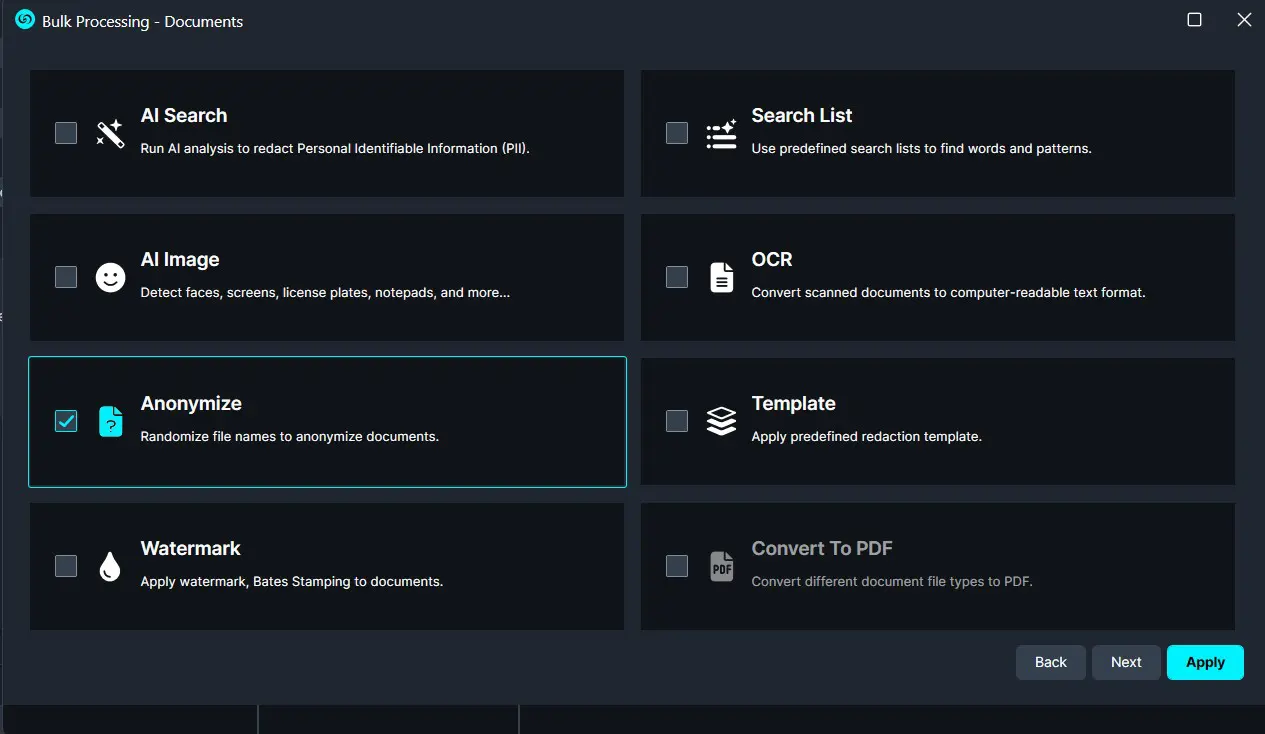 document | CaseGuard Bulk Processing: a dark UI grid of eight document tools with Anonymize selected and Back/Next/Apply controls nearby.